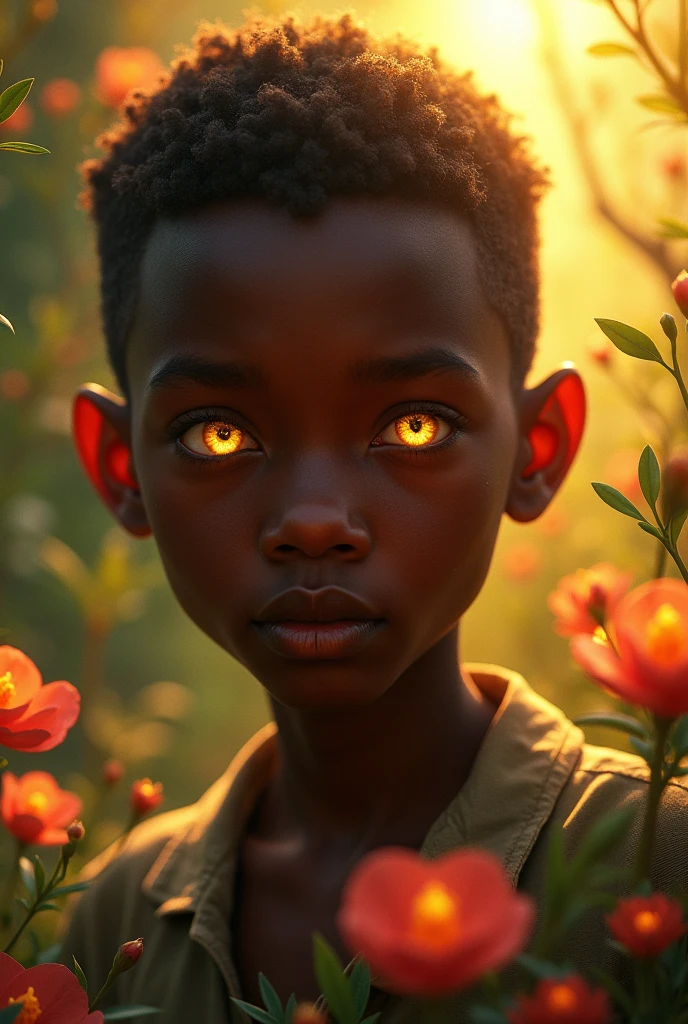 Dark skinned aesthetic boy with piercing illuminated by the sun with flowers