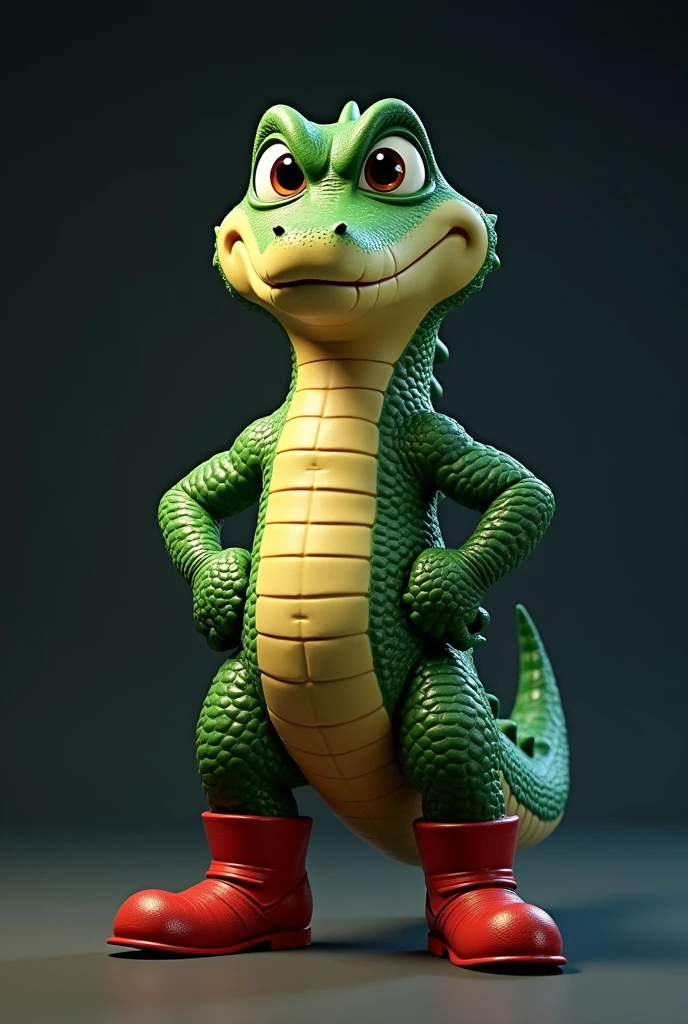 Create a cool looking 3D cartoon style anthropomorphic crocodile character .The crocodile must have red boots. The character should have a confident pose and stand against a dark background. The overall style should be detailed, Vibrant and reminiscent of characters from animated films or modern video games.