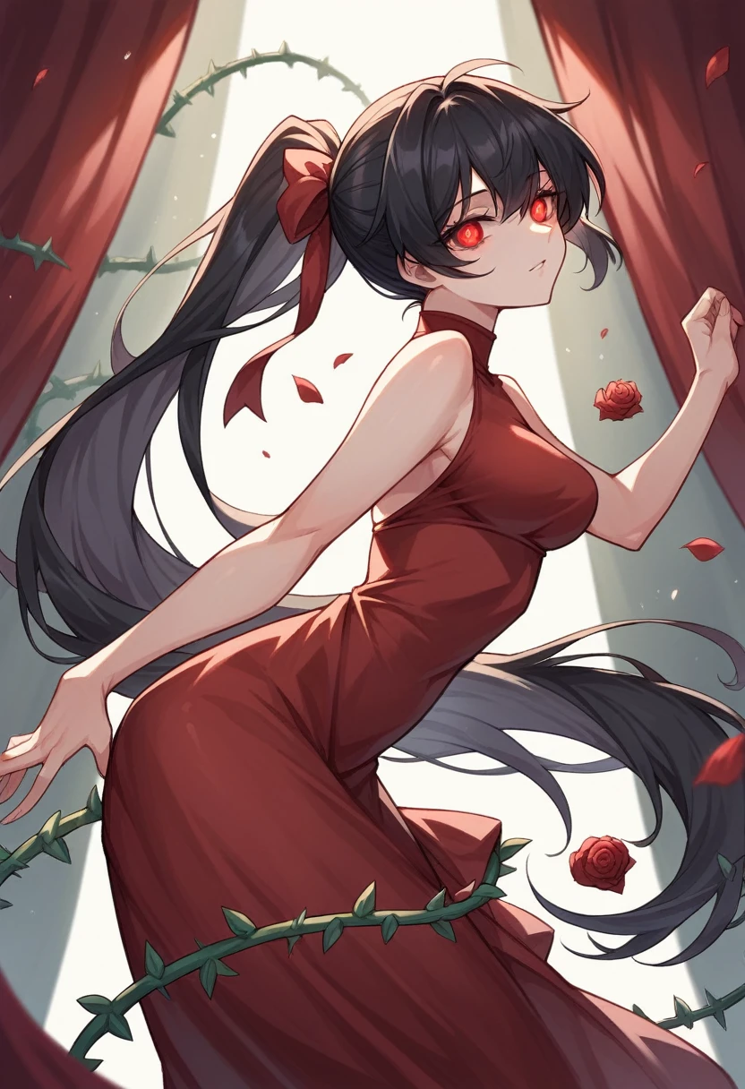 1 Girl,Black Hair,disheveled long ponytail,Red Eyes,Delicate eyes,The clothes are delicate,Black and red dress,Dancing Alone,Long ribbon,The background is a stage with no one,A world with no one,There are rose thorns in the background.,