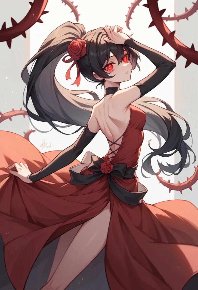 1 Girl,Black Hair,disheveled long ponytail,Red Eyes,Delicate eyes,The clothes are delicate,Black and red dress,Dancing Alone,Long ribbon,The background is a stage with no one,A world with no one,There are rose thorns in the background.,