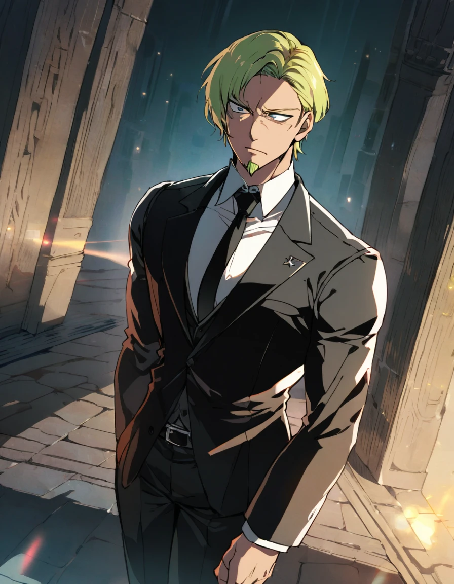 1man, man in black, vigorous mature, business hair with asymmetrical bangs, goatee, green platina blond hair, emerald eyes, BREAK 40yo, charming caucasian, slightly long chiseled face, deep set, angular jaw, facial wrinkles, crewcut, BREAK ideal ratio body proportions, middle weight muscular, beautiful detailed eyes, dark hero, best eyes, BREAK solo, funeral black suit, black necktie, white shirt, at wall street, detailed background, gloom, cool expression, natural standing, looking away, BREAK upperlegs, dramatic expression, in korean illustration style, masculine comic art, 2010s, retro visual novel, in persona style, dutch angle, cinematic shadows, cinematic lighting, lens flare, light leaks, texture, absurdres absolutely resolution, extreme all detailed, greatest painting, BREAK masterpiece, best quality