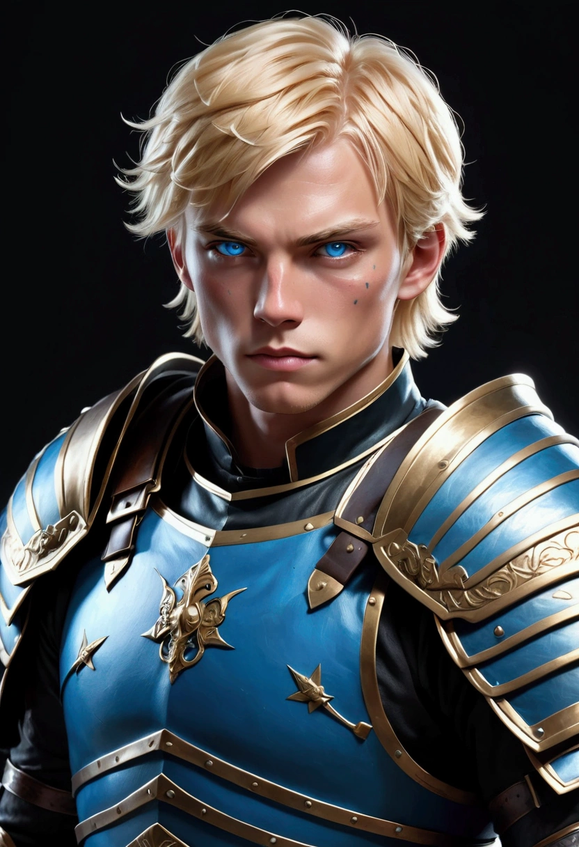Anime style portrait, anime art, character portrait, black background, A male human fighter. Tall and athletic with short blonde hair and bright blue eyes. He wears sturdy leather armor adorned with various insignias and carries a longsword at his side. Scars from previous battles hint at his experience.