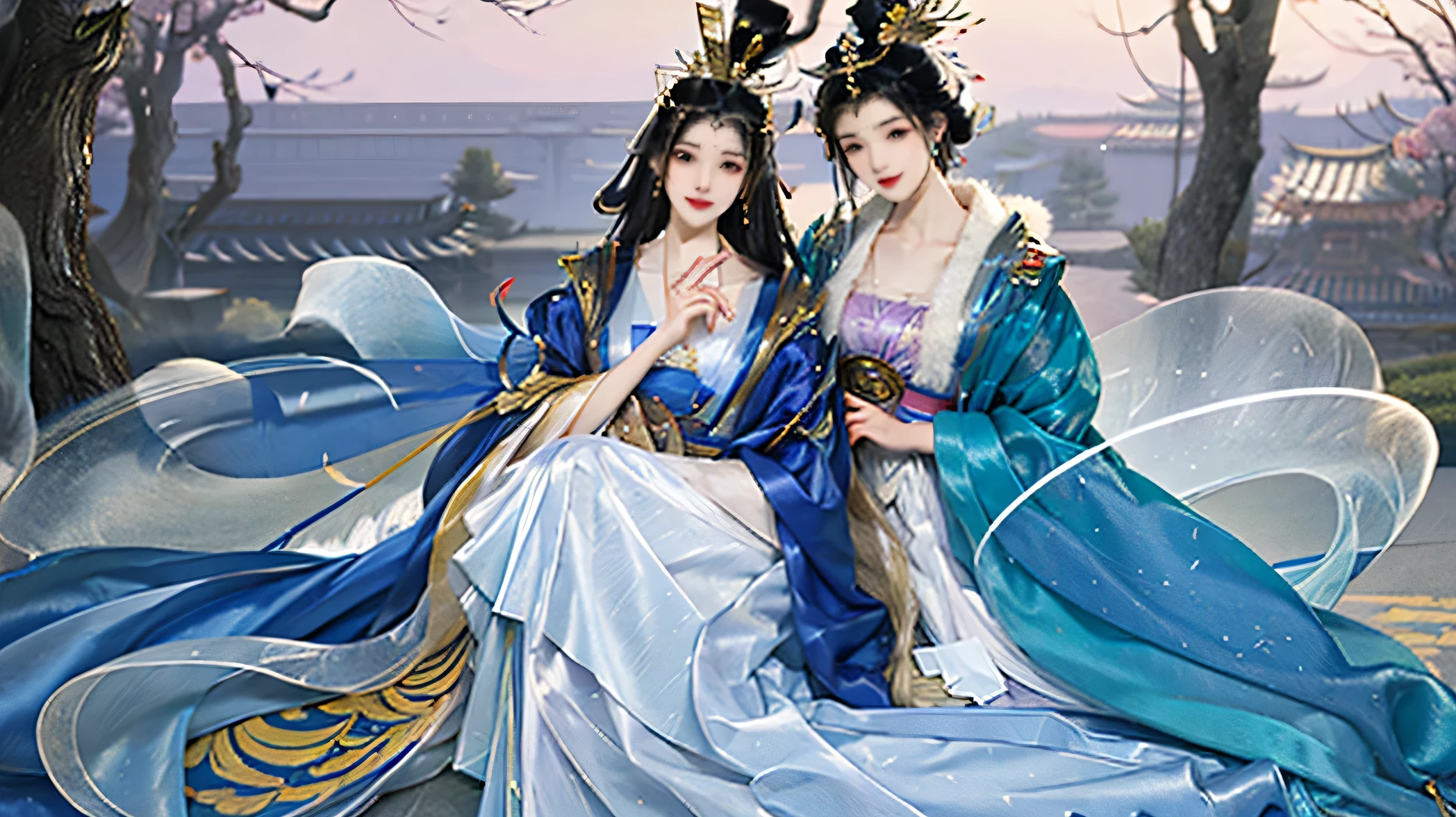 araffe dressed in a blue and gold costume holding a cigarette, hanfu, palace , a girl in hanfu, a beautiful fantasy empress, ((a beautiful fantasy empress)), ancient chinese princess, beautiful image, white hanfu, wearing ancient chinese clothes, chinese costume, 中 元 节, chinese princess, full body xianxia, chinese empress