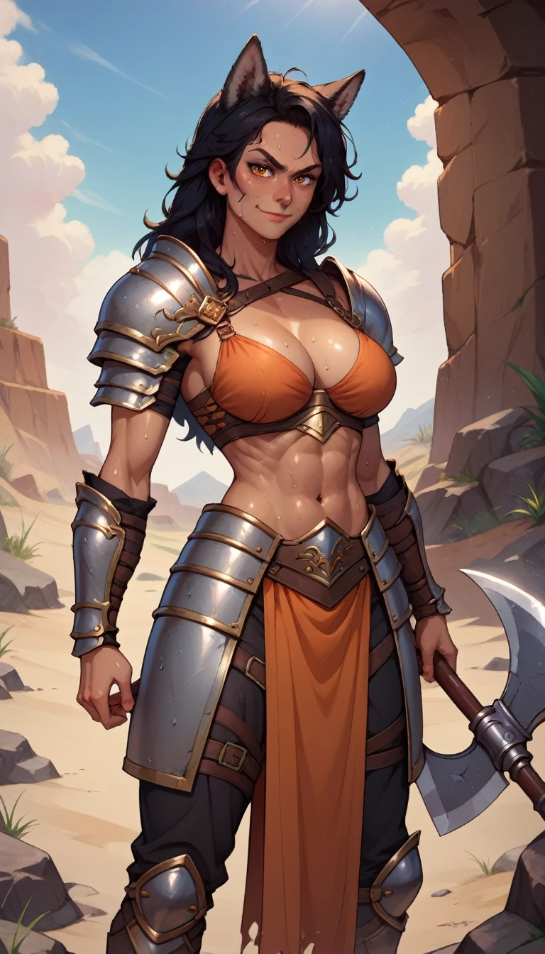 core_9, score_8_up, score_7_up, score_6_up, BREAK 1woman, Wolf female, skinny,big breasts, wearing barbarian armor, in a rocky orange desert terrain, smirking, sweating, holding axe, black hair