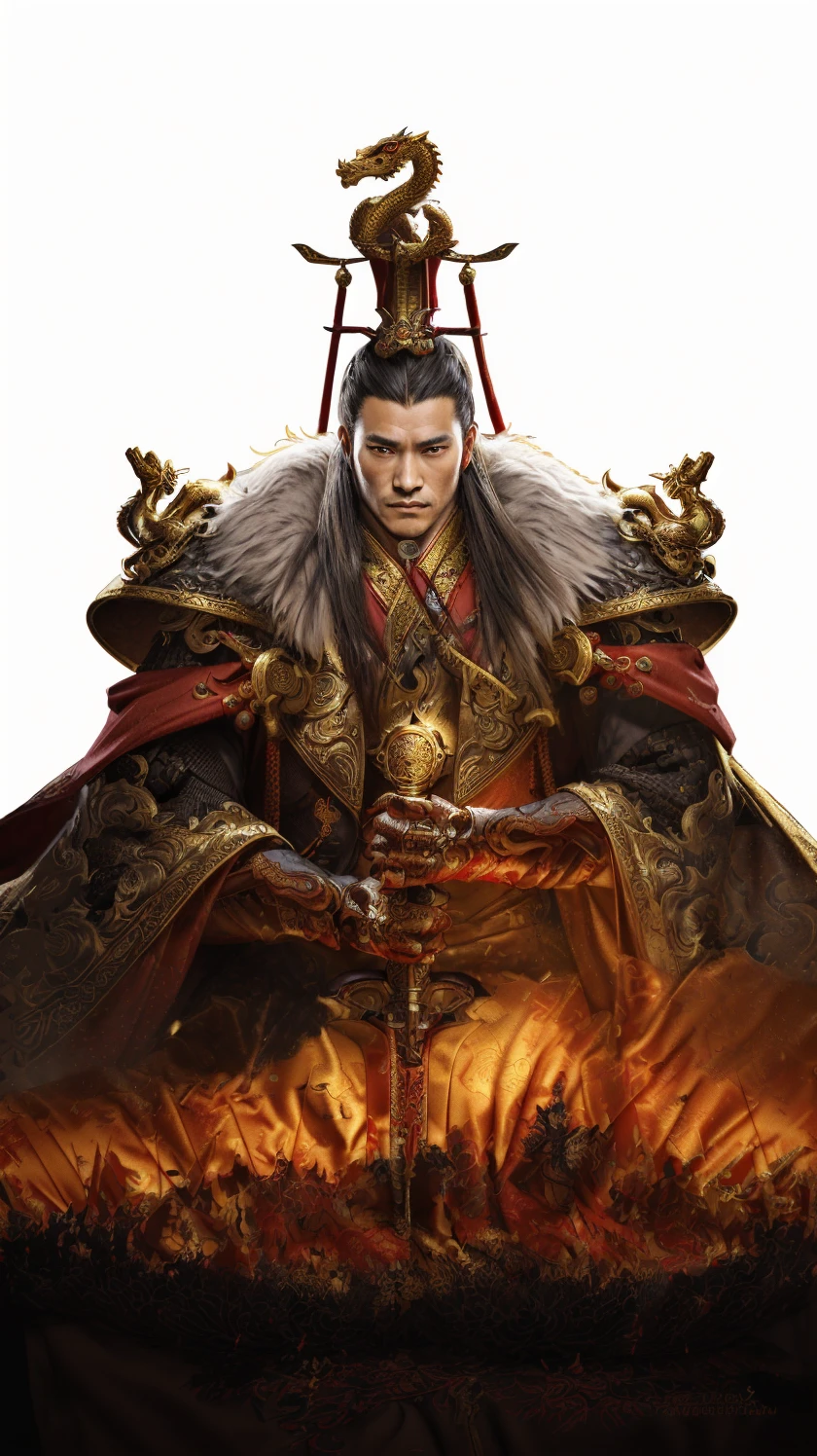 A regal warrior adorned in ornate, red and gold armor, featuring intricate designs and a fur collar. He sits confidently with a gilded dragon headdress, holding a sword, from three kingdoms, Emperor of the Han Dynasty, realistic, 8k, super detail, best quality