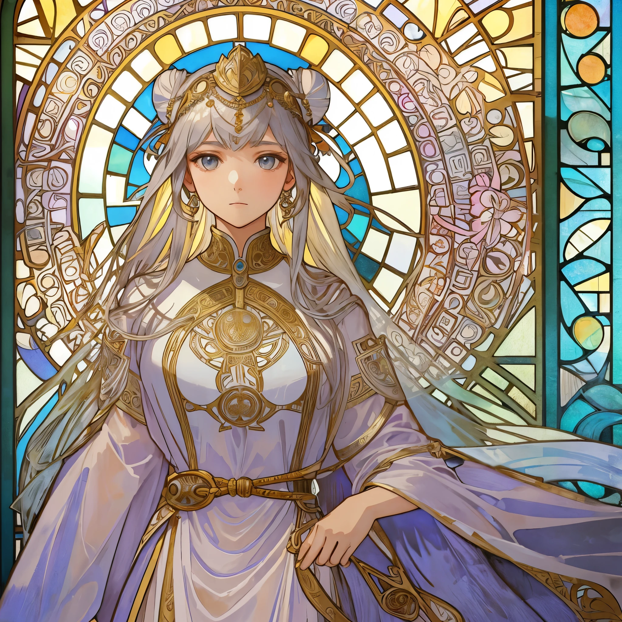 1 girl, (masterpiece, highest quality, highest quality, beautiful and aesthetic: 1.2), (1 girl: 1.3), lots jewelry, delicate clothing, square picture frame, ((face)), sharp pupils, cool face, Transparent and beautiful stained glass background, (Alphonse Mucha's), Traditional Arab dress,Headpiece,Gradient color hairstyle,Front blur, Alphonse Mucha, Ultra-detailed, Soft Light, Gentle colors, solo, Bun Hair, like jusmin dress, ((upper body))
