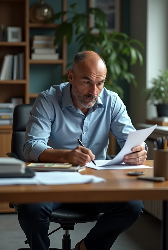 There is 33 years old electrical engineer that has no beard and he weared work clothes and he is behind his desk and there is some important paper and some euro pack and he is really series