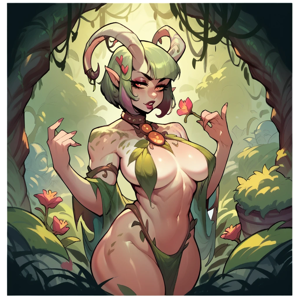 score_9, score_8_up,score_7_up, score_6_up, score_5_up, score_4_up, Dryad woman standing in garden, pale skin, horns, bob cut, large curved horns, skimpy outfit
