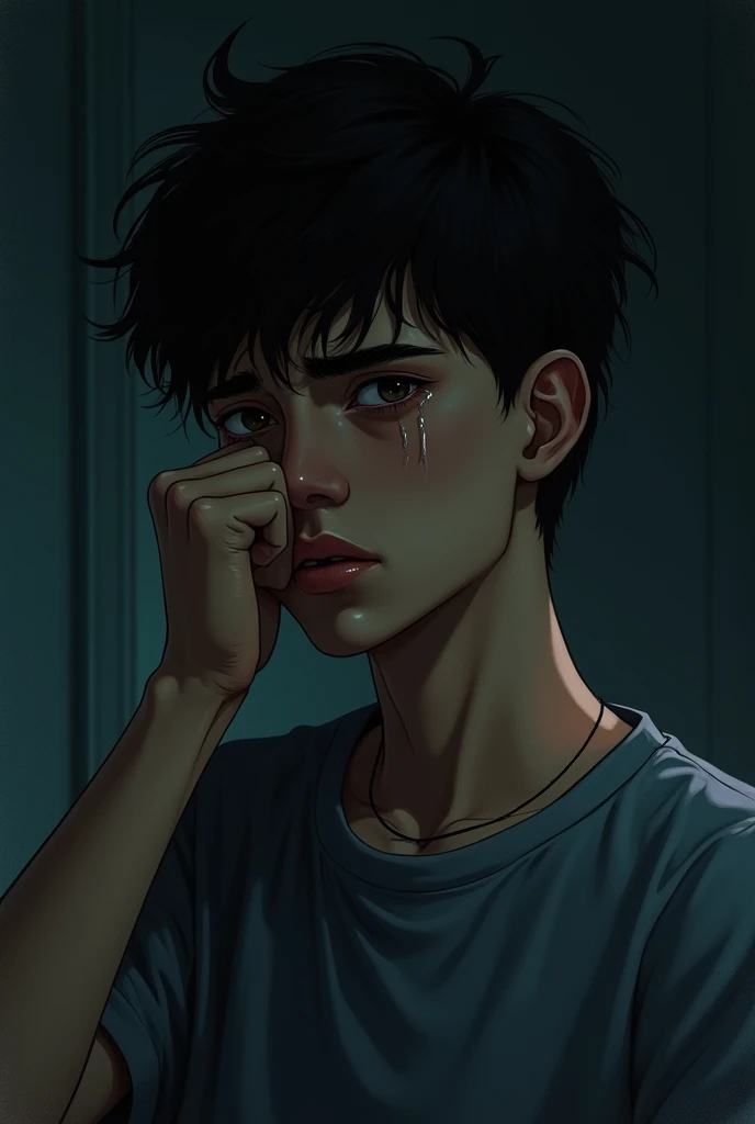 Cover with a dark design of a 16-year-old boy drying his tears and becoming strong 