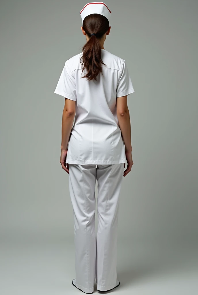 Generate an image of a female nurse in a white uniform, that their uniform is tight and that they are facing away and that their thong is showing through their pants. 