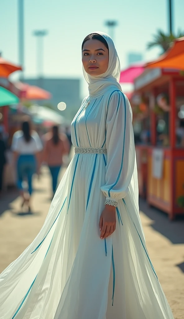 Muslim woman wearing a dress made of used plastic, soft transparent white colour with small blue and green stripes, simple, modern, wearing a long white skirt with blue and green stripes, carnival event, very realistic, very realistic, (complex detail: 0.9), (hdr, hyperdetail: 1.2), RAW, Sony Alpha a9 II, 24-105mm f/4, HDR,