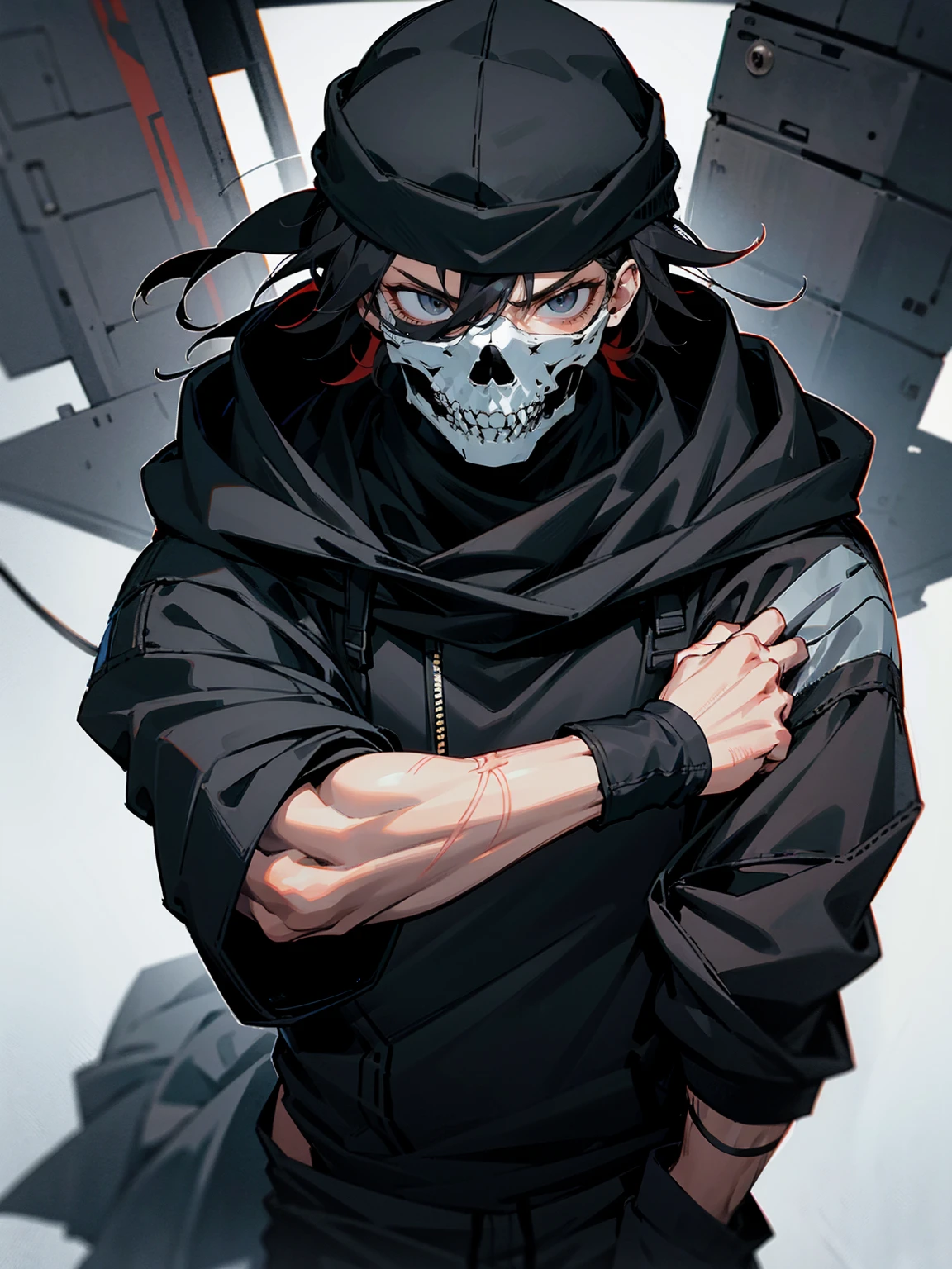 1male, adult, messy hair, black hair, beanie, hood ver head, black eyes, skull mask, eye piercing, lazy expression, serious expression, black military outfit, black sweatpants, muscular build