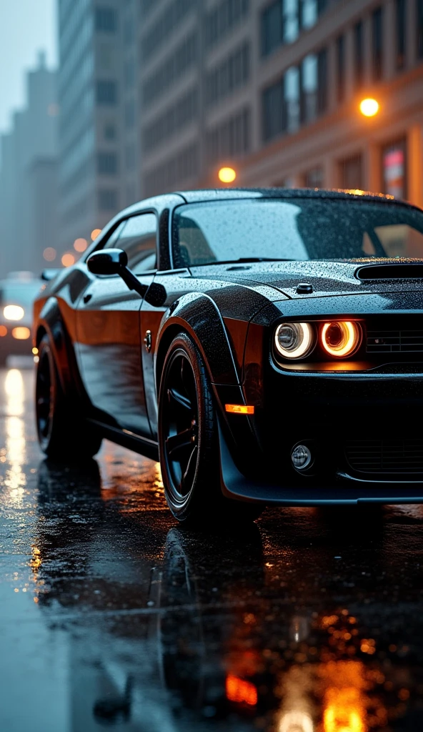 A side view of a black Dodge Challenger parked on a rainy street, showcasing the sleek lines and design, with raindrops enhancing the look.