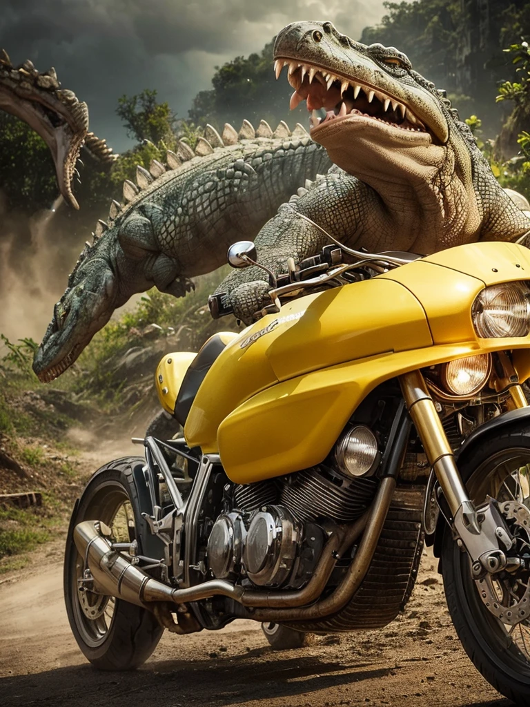 Crocodile on a motorbike, Sourcils Froncés, Barbe, Yeux Jaunes, Baver, Plan Large, Chapeau de Sorcière, Apocalypse,