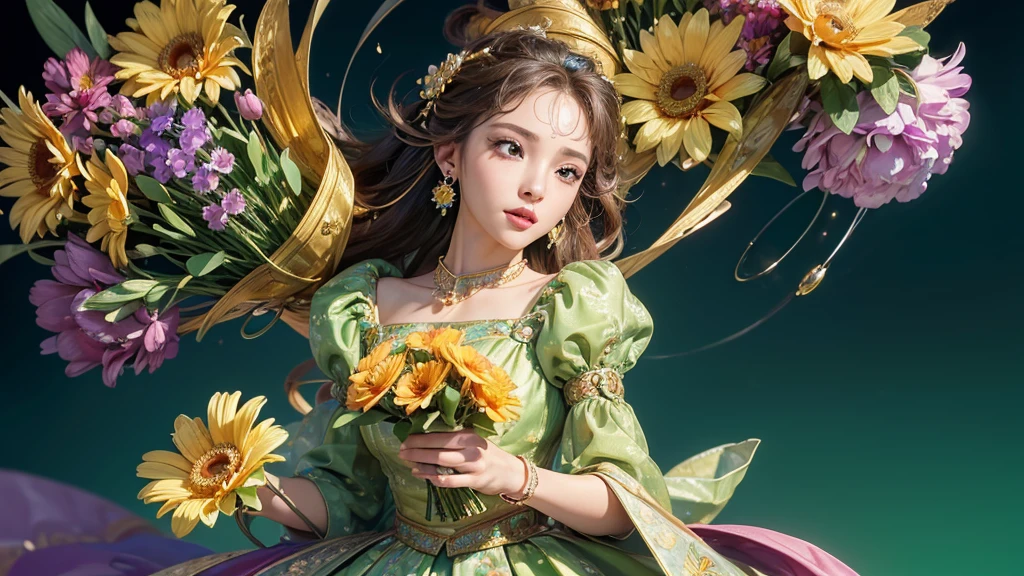 32K, 最高quality, 最高masterpiece, (ultra-Detailed Background, Detailed Background), High resolution, Super detailed, Very detailedな, One girl, (bouquet:1.3), (Tangled:1.2), (Geometric:1.2),(colorful),(masterpiece, quality, best quality, Official Art, Beautiful and beautiful:1.2), (1 girl:1.3), Very detailed,(colorful:1.1)(Flowers:1.3),Most detailed,(Tangled:1.2), whole body, (Abstract background:1.3), (Skin glows), (Many colors:1.4), ,(Earrings Jewelry:1.5), Light green background,