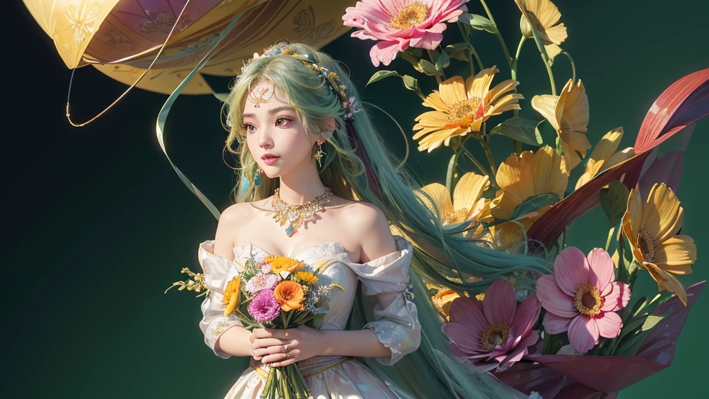 32K, 最高quality, 最高masterpiece, (ultra-Detailed Background, Detailed Background), High resolution, Super detailed, Very detailedな, One girl, (bouquet:1.3), (Tangled:1.2), (Geometric:1.2),(colorful),(masterpiece, quality, best quality, Official Art, Beautiful and beautiful:1.2), (1 girl:1.3), Very detailed,(colorful:1.1)(Flowers:1.3),Most detailed,(Tangled:1.2), whole body, (Abstract background:1.3), (Skin glows), (Many colors:1.4), ,(Earrings Jewelry:1.5), Light green background,