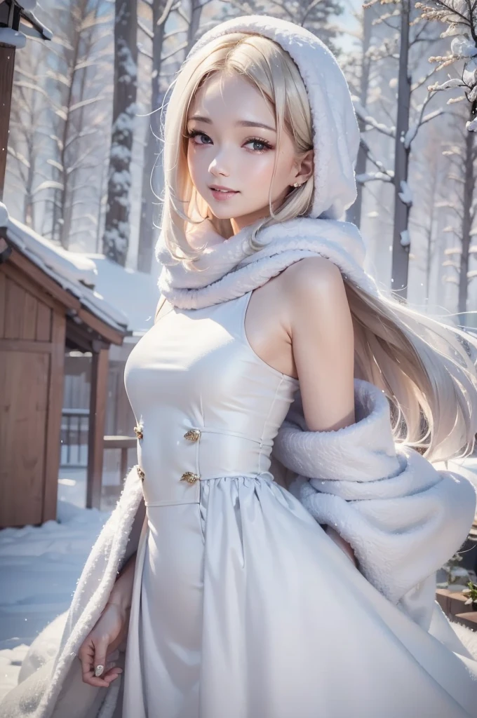 (the upper body:1.5).masterpiece、Highest quality、1 girl, winter, platinum blonde hair, Cute girl, smile, close mouse, medium breasts, sideboob:1.2, white dress, winter clothes, long skirt, Fur coat、Small waist、Thin legs、outdoors, front of the lake, snow falling, Prayer Pose, join hands, from backside:1.5, look back:1.6, face, style
