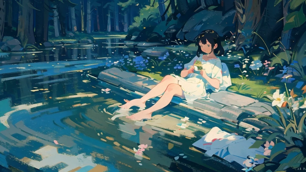 By the stream in the woods、Scene with pretty young woman relaxing with her feet in water