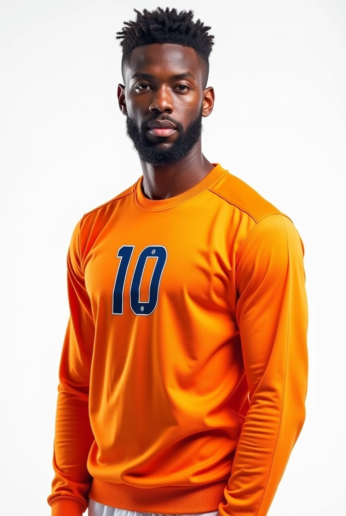handsome man,barba,upper body portrait,orange sweater,White background, soccer player with number 10