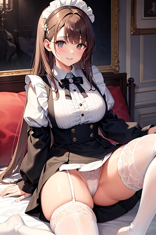 Highest quality, masterpiece, 40-year-old woman,8 heads,Long sleeve maid outfit,Without skirt,Brown Hair,Long Hair,Bedroom,Sit in the corner of the bed,Spread your legs、Leg spread,White tights,White garter belt,Wet white lace panties,I can see your pants,A seductive smile, Plump thighs,Long legs,