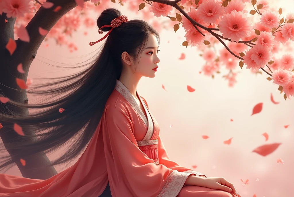View from the front,Chinese ancient costume scenery, A girl ,Long hair flying in the wind,Big eye, Sitting under the peach tree, Peach tree full of blossoms ,Peach petals fly across the sky, Super Definition,super detailed,4k dành cho video youtube
