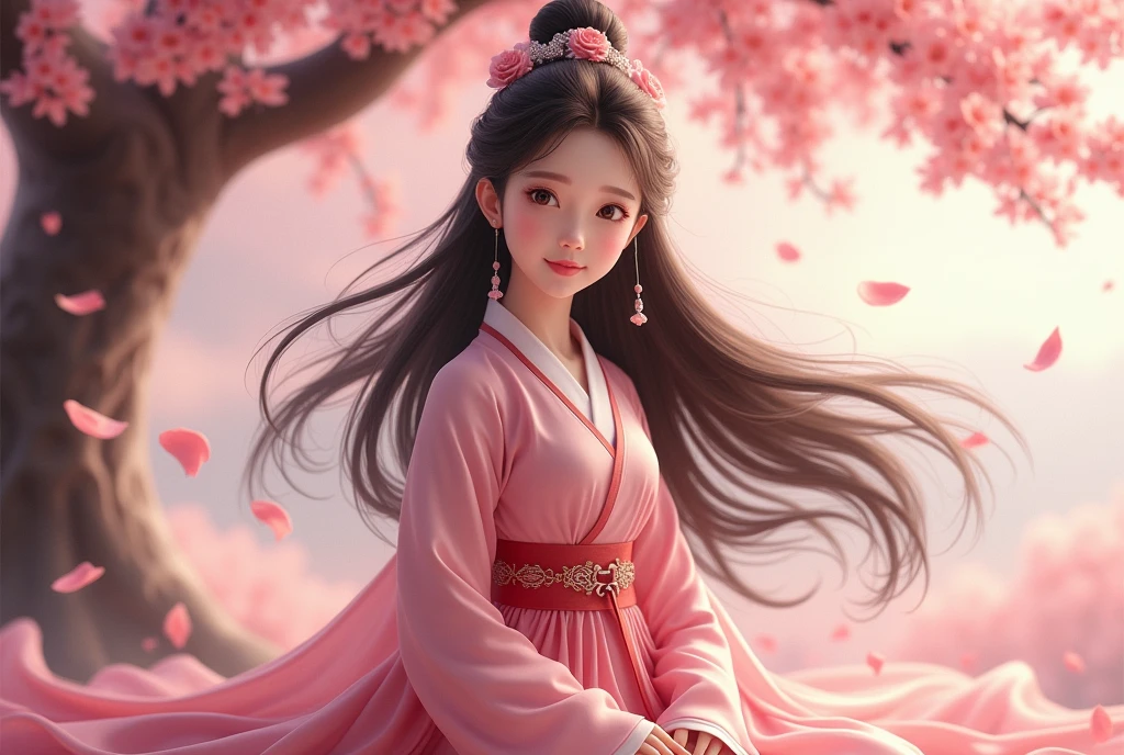 View from the front,Chinese ancient costume scenery, A girl ,Long hair flying in the wind,Big eye, Sitting under the peach tree, Peach tree full of blossoms ,Peach petals fly across the sky, Super Definition,super detailed,4k dành cho video youtube