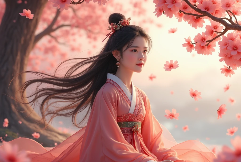 View from the front,Chinese ancient costume scenery, A girl ,Long hair flying in the wind,Big eye, Sitting under the peach tree, Peach tree full of blossoms ,Peach petals fly across the sky, Super Definition,super detailed,4k dành cho video youtube