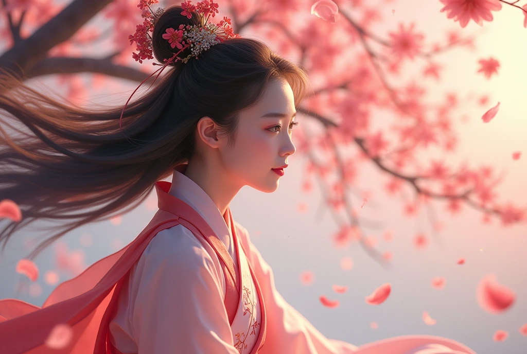 View from the front,Chinese ancient costume scenery, A girl ,Long hair flying in the wind,Big eye, Sitting under the peach tree, Peach tree full of blossoms ,Peach petals fly across the sky, Super Definition,super detailed,4k dành cho video youtube