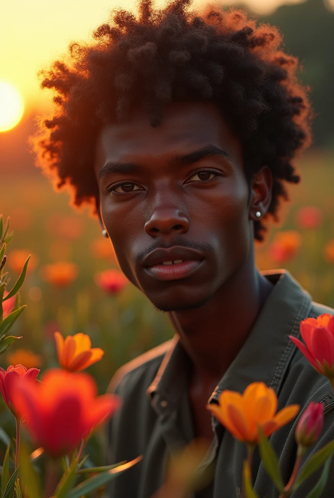 Dark skinned aesthetic boy with piercing illuminated by the sun with flowers