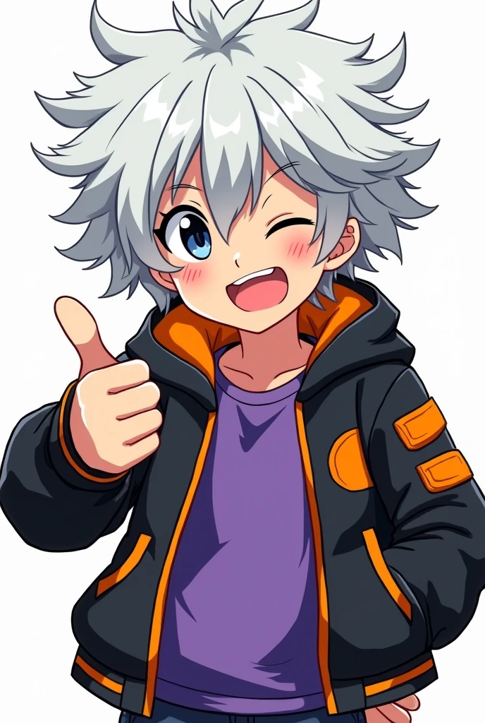 body hair: white and messy, typical of anime characters.
expression: Confident and friendly, with a smile on his face and a wink in his eye.
badass clothing: Wears a black jacket with orange details and a purple t-shirt underneath, which gives the character a modern and cool look.
accessory: The character makes a gesture of "like" with the right hand, reinforcing the idea of confidence and positivity.