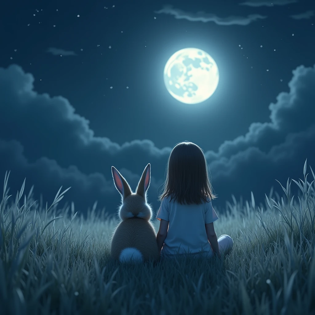 Masterpiece, top quality, highest quality, detailed, beautiful, art, one girl, one rabbit, sitting side by side, {{back view}}, friendly shoulder to shoulder, beautiful full moon, meadow full of silver grass, silver grass, beautiful night with full moon, quiet night, relaxed scene, front camera, 4K Graphics,