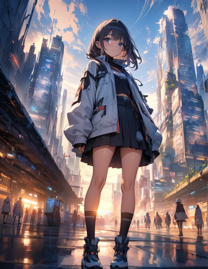 (anime)、(masterpiece:1.2),Atmospheric perspective,Lens flare、Ultra-wide background focused on the girl、Future City、girl standing on the roof