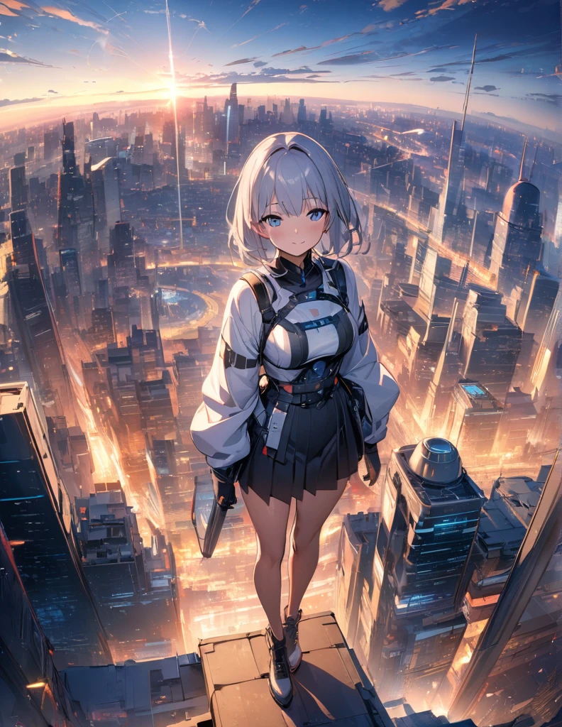 (anime)、(masterpiece:1.2),Atmospheric perspective,Lens flare、Ultra-wide background focused on the girl、Future City、girl standing on the roof