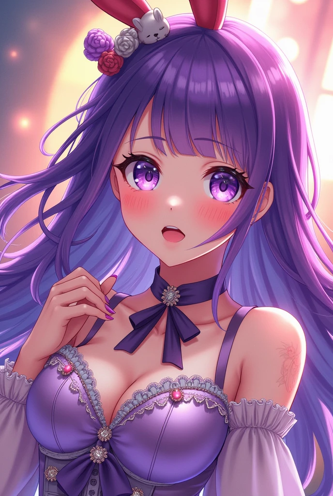 Draw an anime-style idol with purple hair.！
oh yeah！And put a rabbit hair ornament on it！