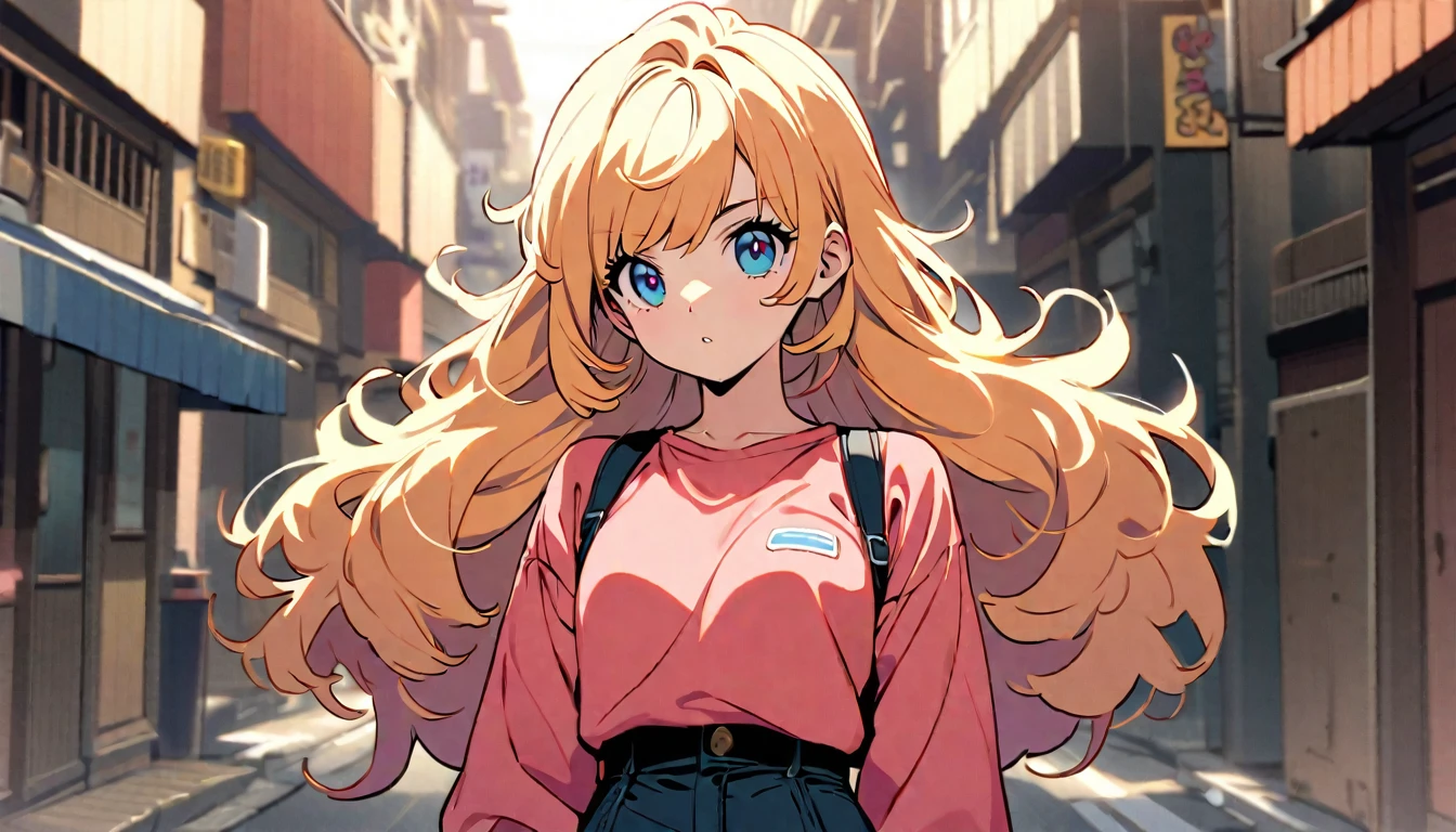Anime screencap, anime style, anime scene, A teenage girl with long blonde hair and blue eyes is giving the viewer a gentle smile. She is wearing a white sweater, and the background is a beautiful city street.
