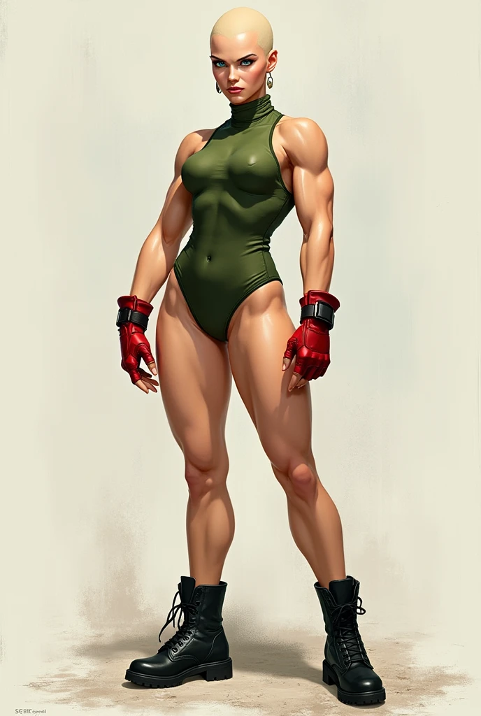 Cammy White The character has  white skin big legs , blue eyes, and bald no hair . She is a green leotard turtle neck , red fingerless gloves, and black combat boots.