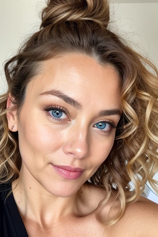 Beautiful 45 year old woman。blue eyes、Blonde with brown roots、Curly hair bun、Look straight into the camera、Very realistic、Instagram selfie、Face close-up、one's home、A tight turtleneck polo shirt with a high waist in beige/Tucked into brown suit pants、Close-fitting clothes、Clothes that are too tight、Film Grain、Toned, muscular body、Big Breasts、Focus on the face、Clothes that are too tight、Disappointed in the audience