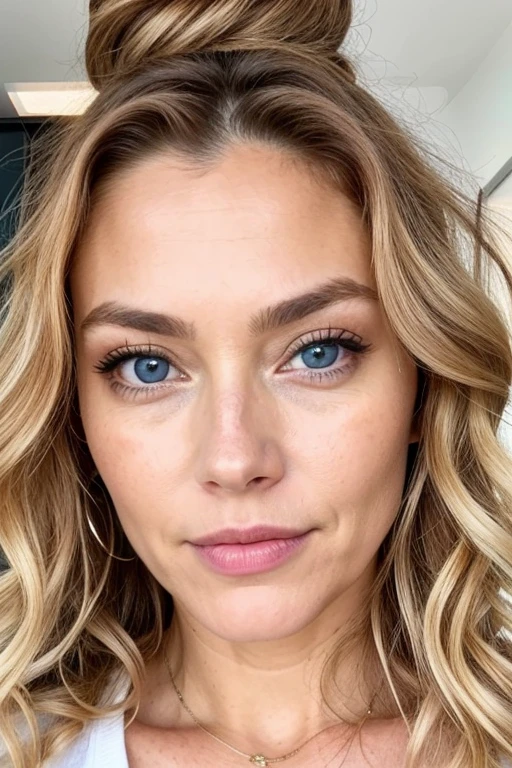 Beautiful 45 year old woman。blue eyes、Blonde with brown roots、Curly hair bun、Look straight into the camera、Very realistic、Instagram selfie、Face close-up、one's home、A tight turtleneck polo shirt with a high waist in beige/Tucked into brown suit pants、Close-fitting clothes、Clothes that are too tight、Film Grain、Toned, muscular body、Big Breasts、Focus on the face、Clothes that are too tight、Disappointed in the audience