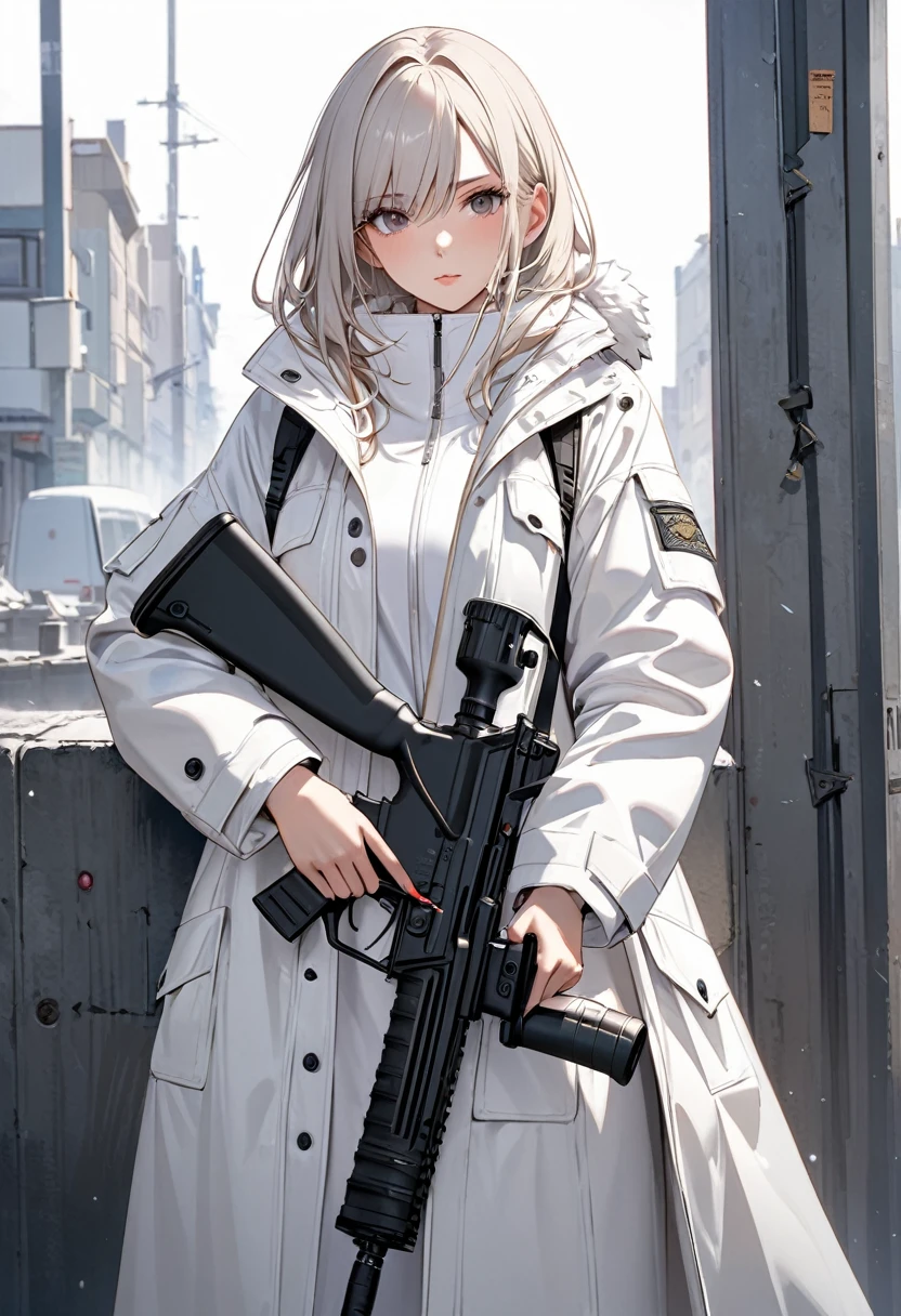 A woman in a white coat is standing with an assault rifle