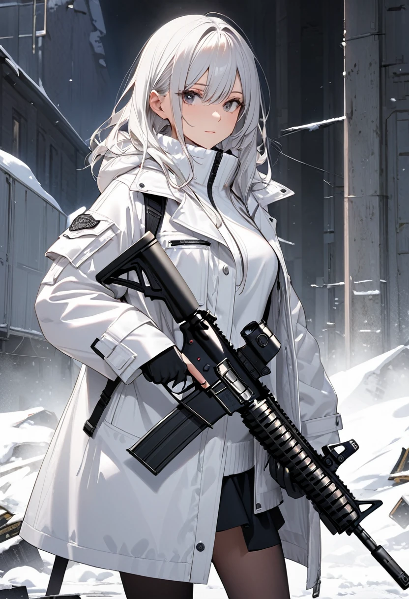 A woman in a white coat is standing with an assault rifle