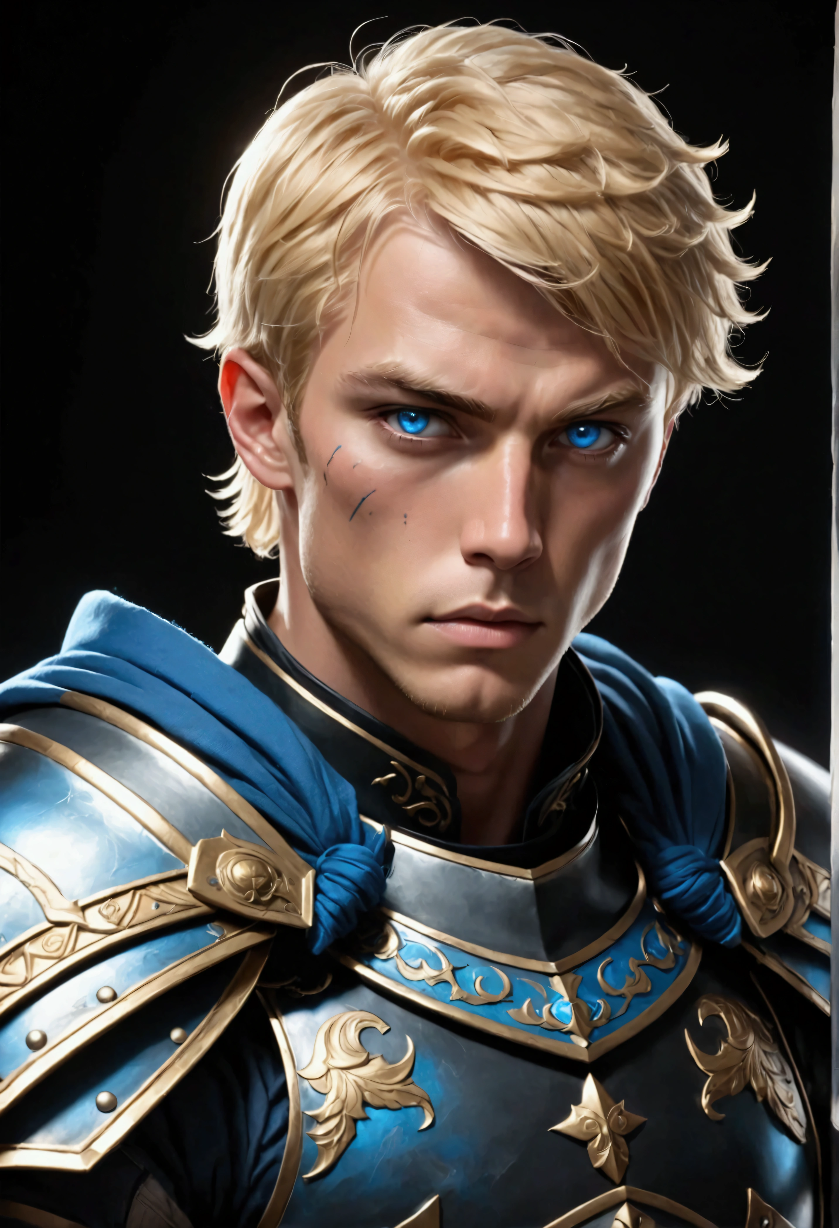Anime style portrait, anime art, character portrait, black background, A male human fighter. Tall and athletic with short blonde hair and bright blue eyes. He wears sturdy leather armor adorned with various insignias and carries a longsword at his side. Scars from previous battles hint at his experience.