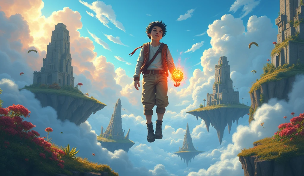 Prompt:
Max, floating in a sky full of majestic, floating islands, holds the glowing artifact in his hand. His face shows a mixture of excitement and readiness as he looks ahead to new adventures.