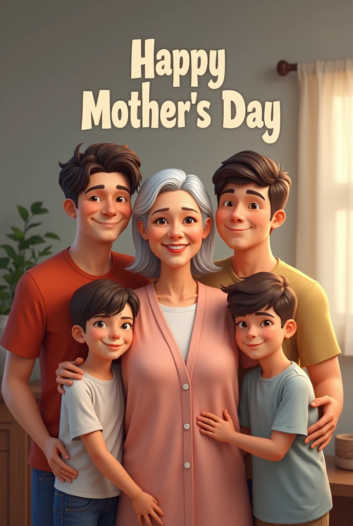 My oldest son is 33 years old.
My second son is 24 years old.
My youngest son is 23 years old.
My mother is 66 years old, has short hair, and weighs 103 kilograms.
Insert text "Happy Mother's Day" rin