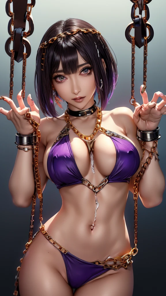 masterpiece, Highest quality, Pixiv, coolな女の子,masterpiece, Highest quality, Pixiv, cool, ,( Black and purple hair), Shortcuts, Blunt bangs, Straight bangs, Colored contact lenses eyes, Gal,,(Beautiful nipples)(Cracks in panties)(looking at the camera)、Belly piercing,Big Breasts,,Spread your legs,Fleshy crotch,Woman applying oil to her body,((((Skin gloss))))Glowing Skin:1,5,,(Wet crotch:1)((Orgasm:1.2))(((Brown Skin:1.5))),(Playing with adult toys),Gorgeous Necklace,Gorgeous bangles,Japan,and,Tattoo,((((My chest、、、))))((((Hands tied in chains:1.4))))psychedelic