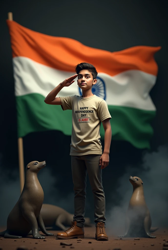 A 18 year old boy named SARATH stands wearing an army T-shirt with his name on it, holding the Indian flag. In the background, there’s a large Indian flag with ‘Happy Independence Day 15 August’ written. He is saluting with seals and smoke in a dark background. Create a 3D realistic high-quality photo.