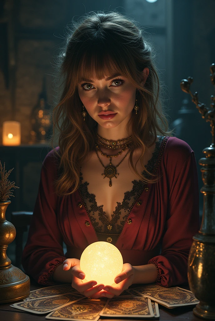 An image of a fortune teller with light brown hair and bangs 