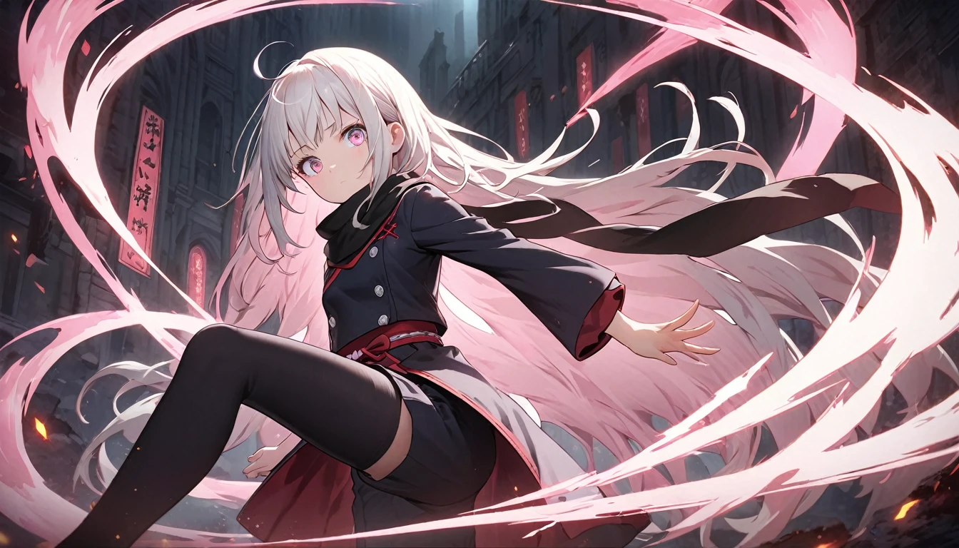 A full body pic of white hair girl(( long)) hair, pink eyes, serious. The back is very small、Loli、Small breast. Age: 10.
Outfit: Black jujutsu high uniform, black triangle shaped scarf. black short puffed pants, black high stockings.
(( radient light., cute, girl,)),(magic powers)add_detail:1, add_detail:0, add_detail:0.5, highest quality, High resolution, unity 8k wallpaper, (shape:0.8), (Beautiful and beautiful eyes:1.6), Highly detailed face, Perfect lighting, Extremely detailed CG, (Perfect hands, Perfect Anatomy),(cool pose)((fighting))((jujutsu kaisen))((jjk))((oc))(pink eyes)