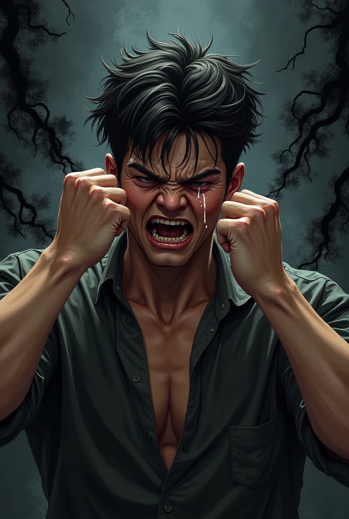 Cover with a dark design of a 16-year-old strong man wiping away tears angrily 