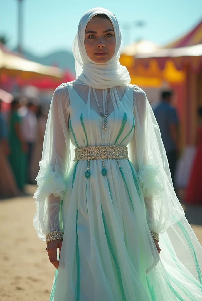 Muslim woman wearing a dress made of used plastic, soft transparent white colour with small blue and green stripes, simple, modern, wearing a long white skirt with blue and green stripes, carnival event, very realistic, very realistic, (complex detail: 0.9), (hdr, hyperdetail: 1.2), RAW, Sony Alpha a9 II, 24-105mm f/4, HDR,