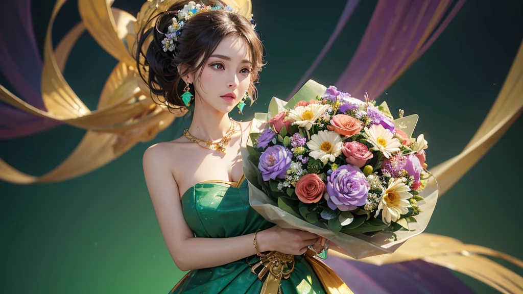 32K, 最高quality, 最高masterpiece, (ultra-Detailed Background, Detailed Background), High resolution, Super detailed, Very detailedな, One girl, (bouquet:1.3), (Tangled:1.2), (Geometric:1.2),(colorful),(masterpiece, quality, best quality, Official Art, Beautiful and beautiful:1.2), (1 girl:1.3), Very detailed,(colorful:1.1)(Flowers:1.3),Most detailed,(Tangled:1.2), whole body, (Abstract background:1.3), (Skin glows), (Many colors:1.4), ,(Earrings Jewelry:1.5), Light green background,